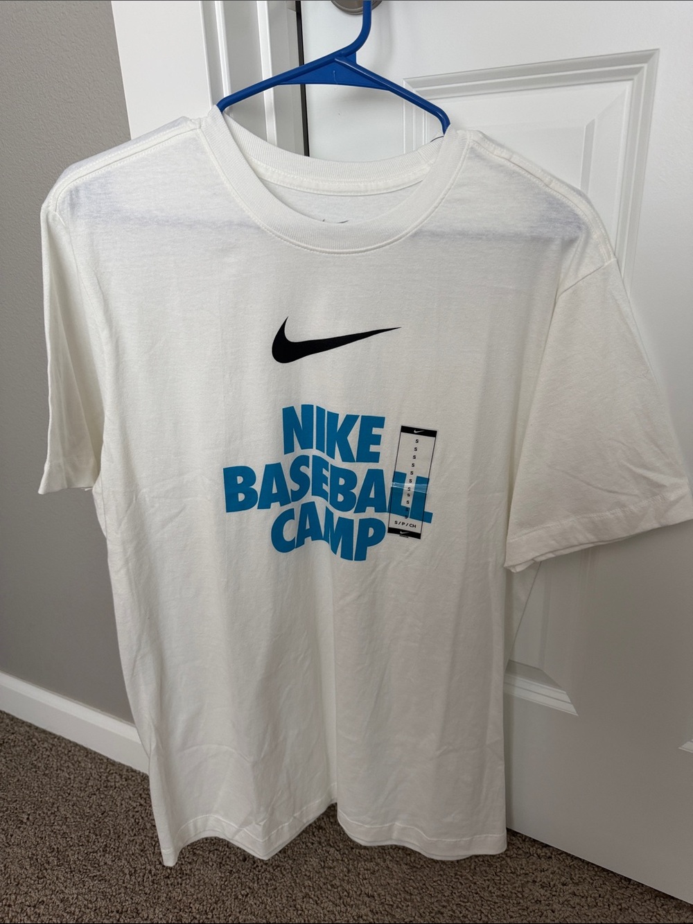 Nike White Tee with Blue "Baseball Camp" Graphic